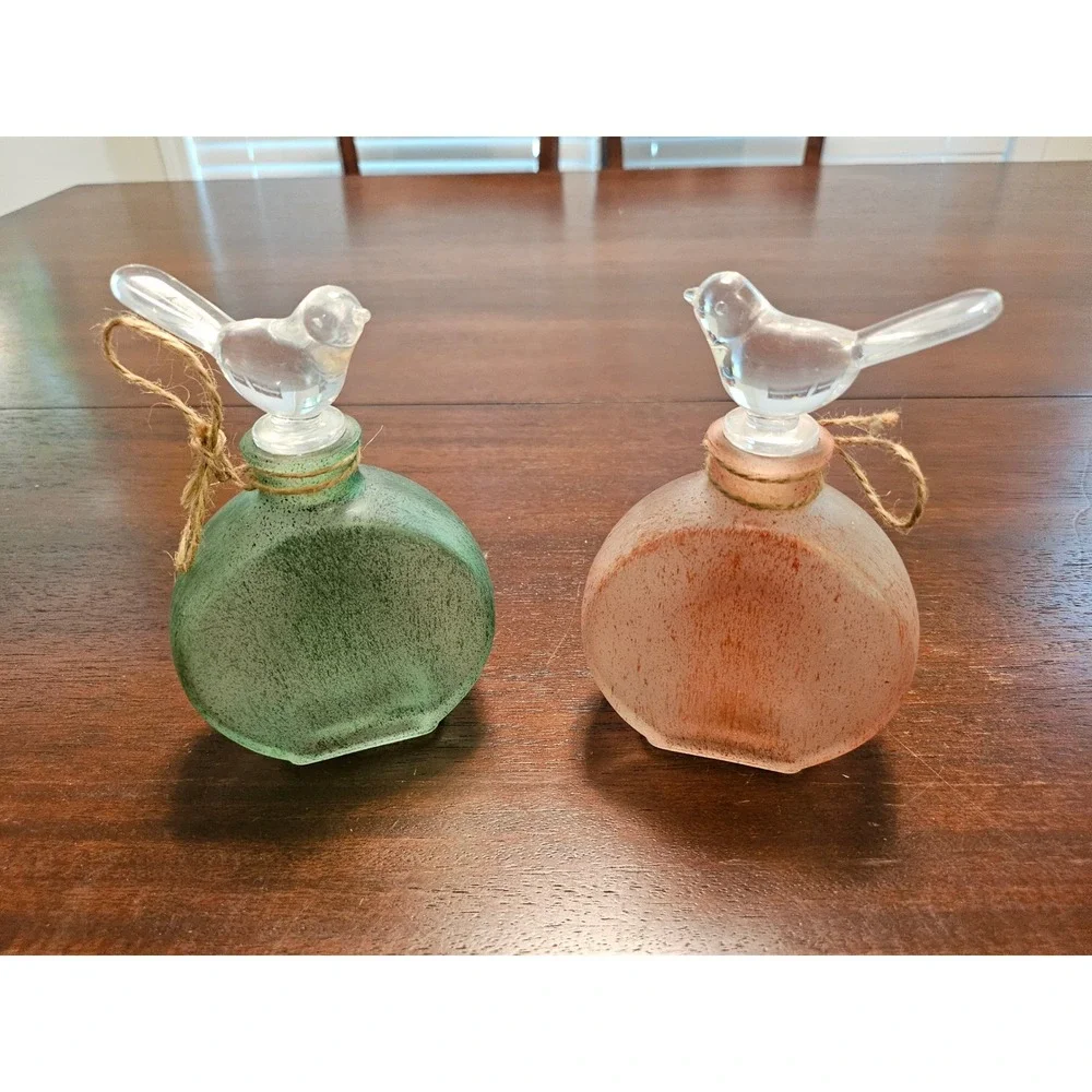 Glass Bird Decor Bottles Set of 2 Green Peach Frosted Decorative Vases